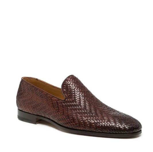 Handmade Brown Woven Leather Loafers